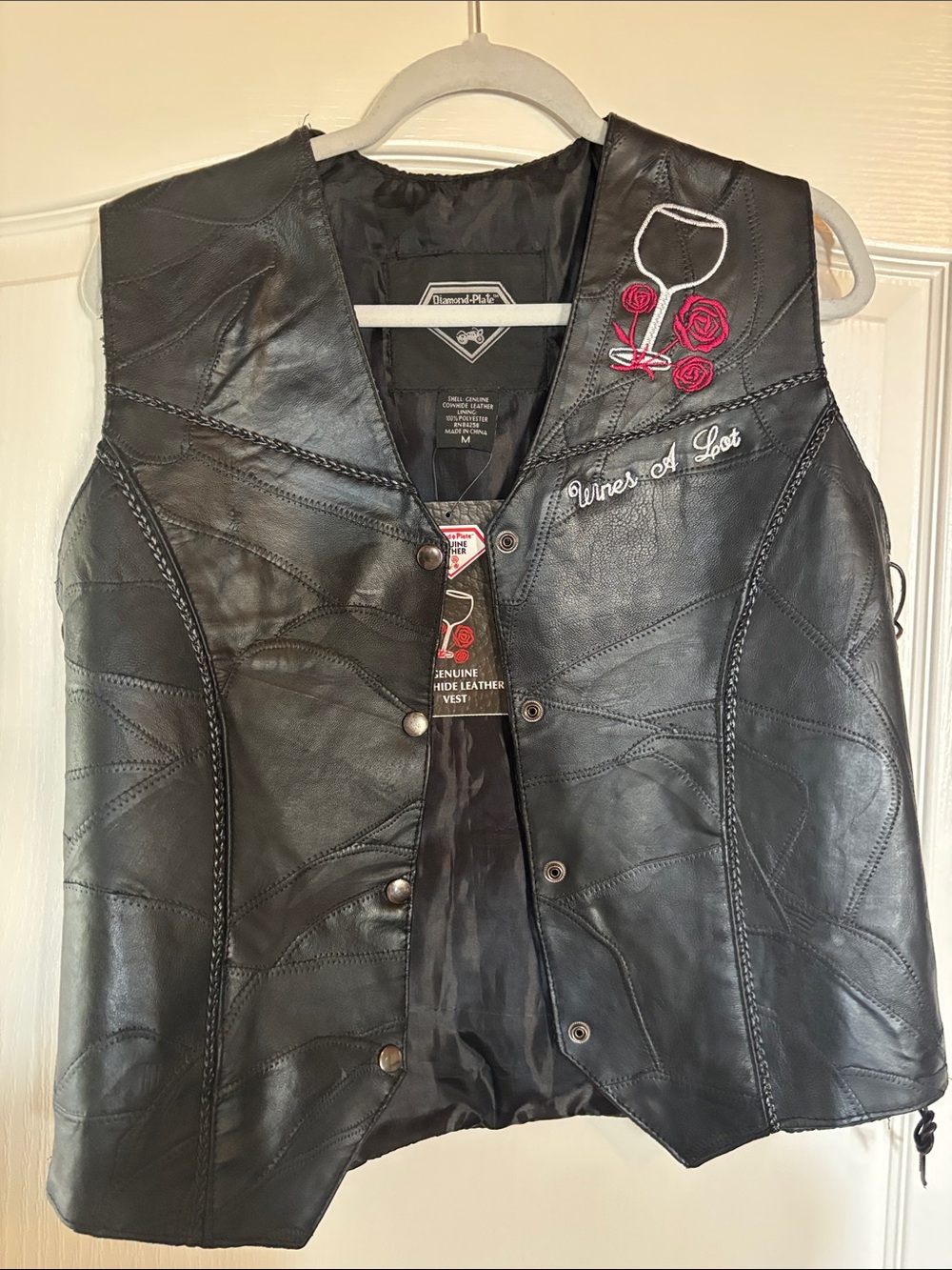 Diamond Supply Co. Black Leather Vest with Embroidered Wine Motif